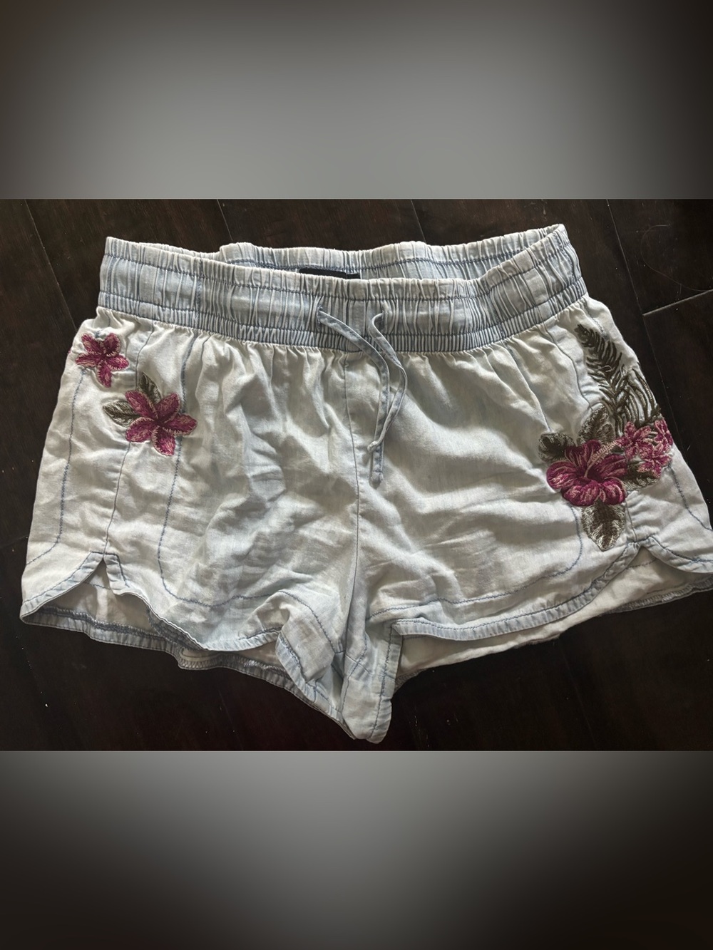 Express Light Blue Women's Athletic Shorts with Pink Floral Embroidery
